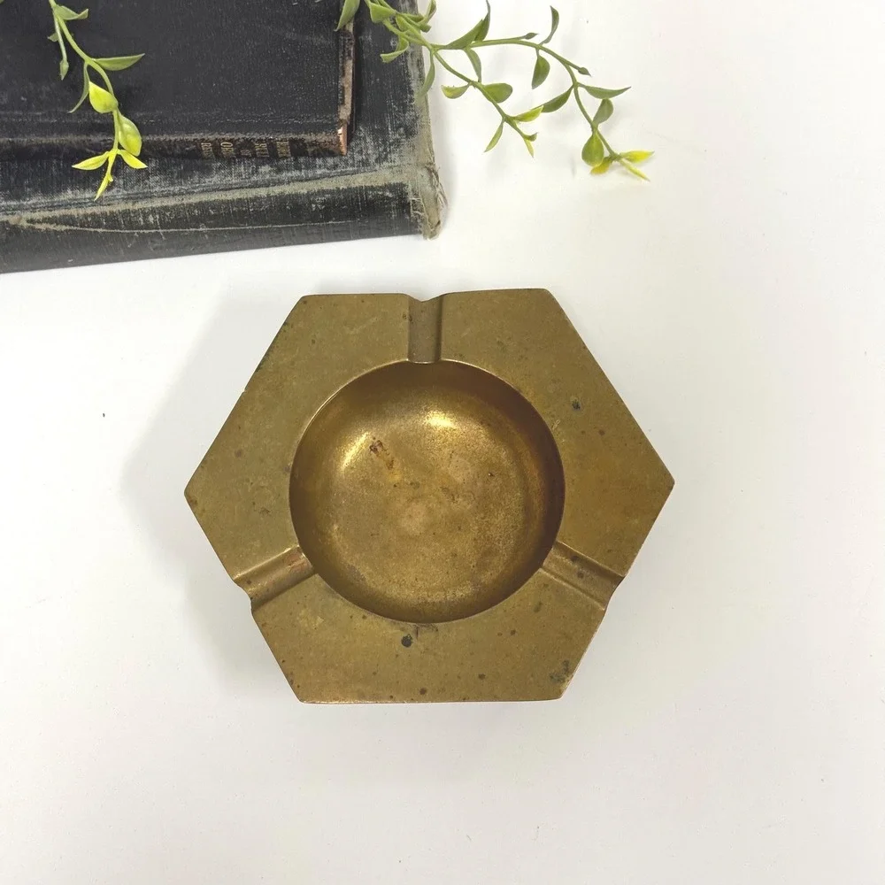 Vintage brass catch all trinket dish ring dish- Geometric hexagonal ashtray